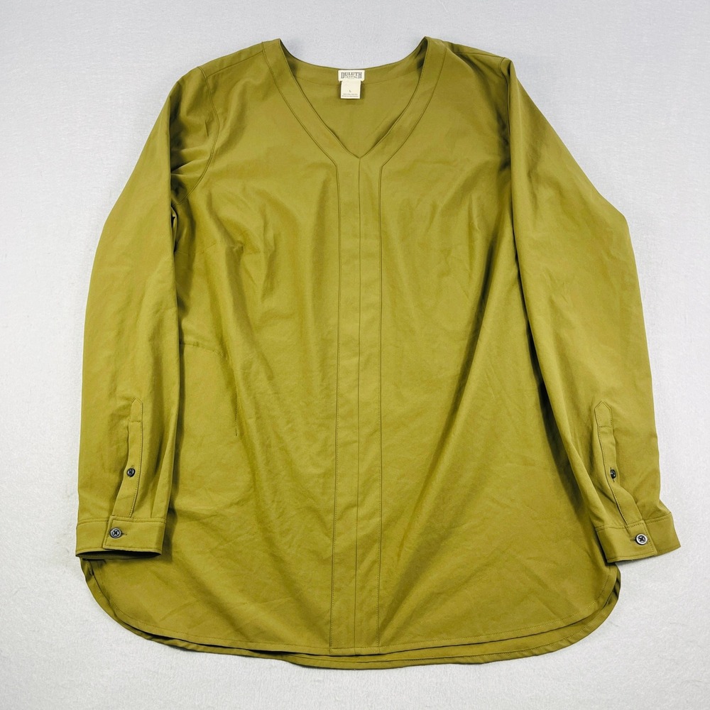 Duluth Trading Co Womens Large Olive Green V-Neck Long‎ Sleeve Tunic Zip Pockets - Picture 2 of 5